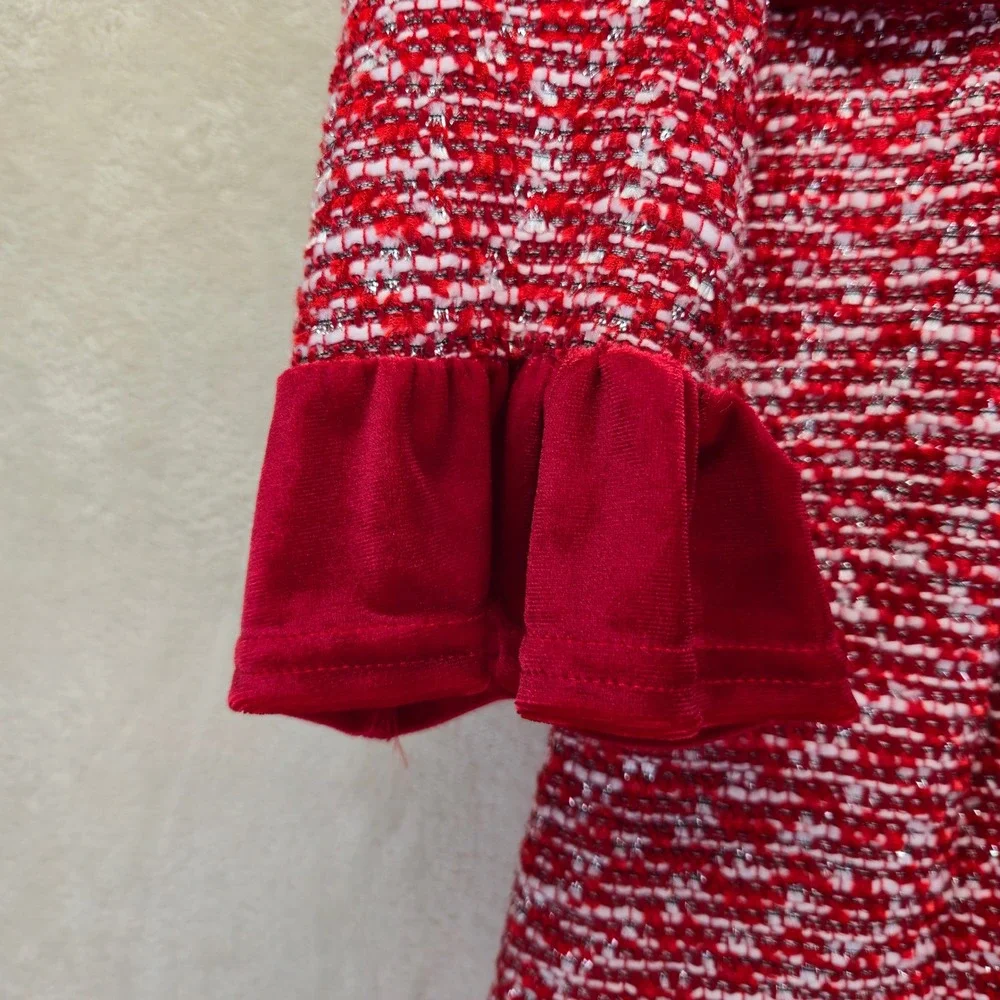 Blueberry Blvd Girls Red‎ Tweed Velvet Trim Ruffle Collar Coat Size 6 6X Kidcore